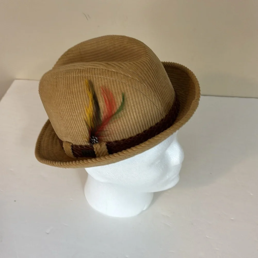 Vintage Tan Corduroy London Fog Feathered Fedora Size 7